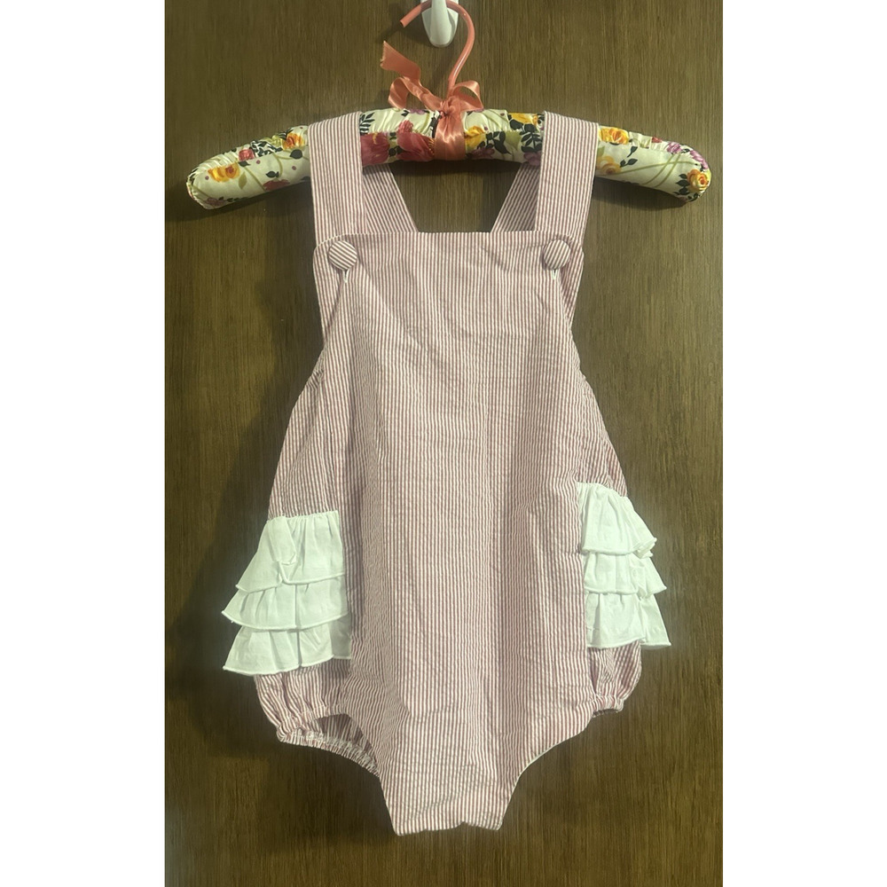 Barefoot Ruffle bottom stripped redish-pinkish Romper Sz 3T Toddler 100% cotton
